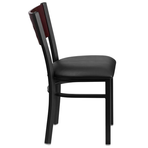 Mahogany Wood Back/Black Vinyl Seat/Black Metal Frame |#| Black Cutout Back Metal Restaurant Chair - Mahogany Wood Back, Black Vinyl Seat