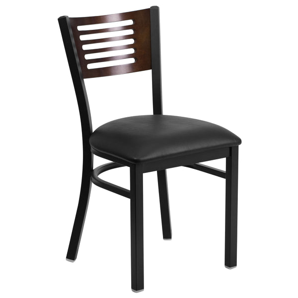 Walnut Wood Back/Black Vinyl Seat/Black Metal Frame |#| Black Slat Back Metal Restaurant Chair - Walnut Wood Back, Black Vinyl Seat