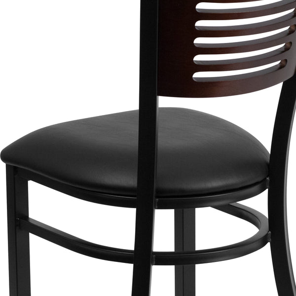 Walnut Wood Back/Black Vinyl Seat/Black Metal Frame |#| Black Slat Back Metal Restaurant Chair - Walnut Wood Back, Black Vinyl Seat