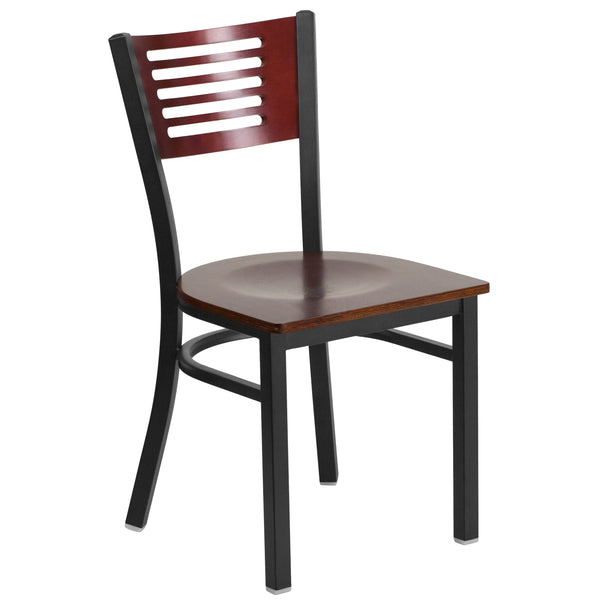 Mahogany Wood Back/Mahogany Wood Seat/Black Metal Frame |#| Black Slat Back Metal Restaurant Chair - Mahogany Wood Back & Seat