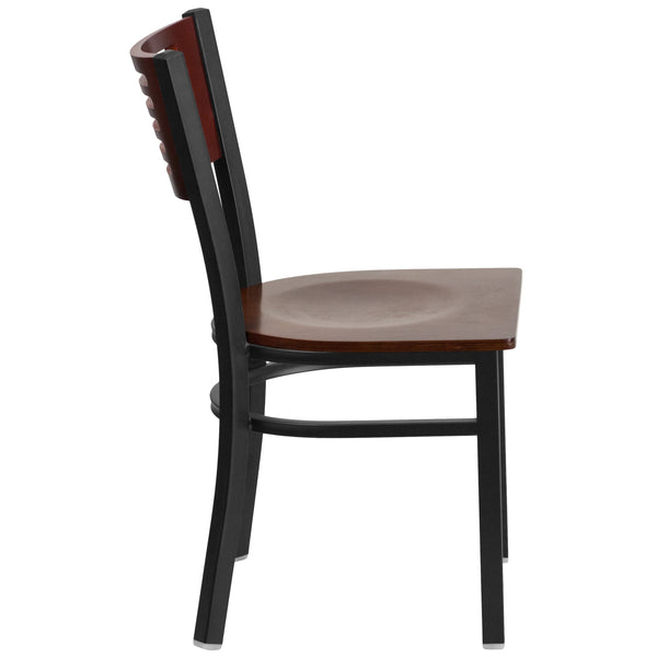 Mahogany Wood Back/Mahogany Wood Seat/Black Metal Frame |#| Black Slat Back Metal Restaurant Chair - Mahogany Wood Back & Seat