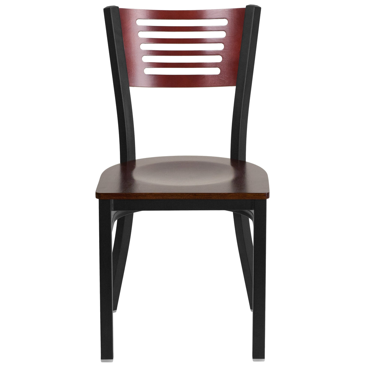 Mahogany Wood Back/Mahogany Wood Seat/Black Metal Frame |#| Black Slat Back Metal Restaurant Chair - Mahogany Wood Back & Seat