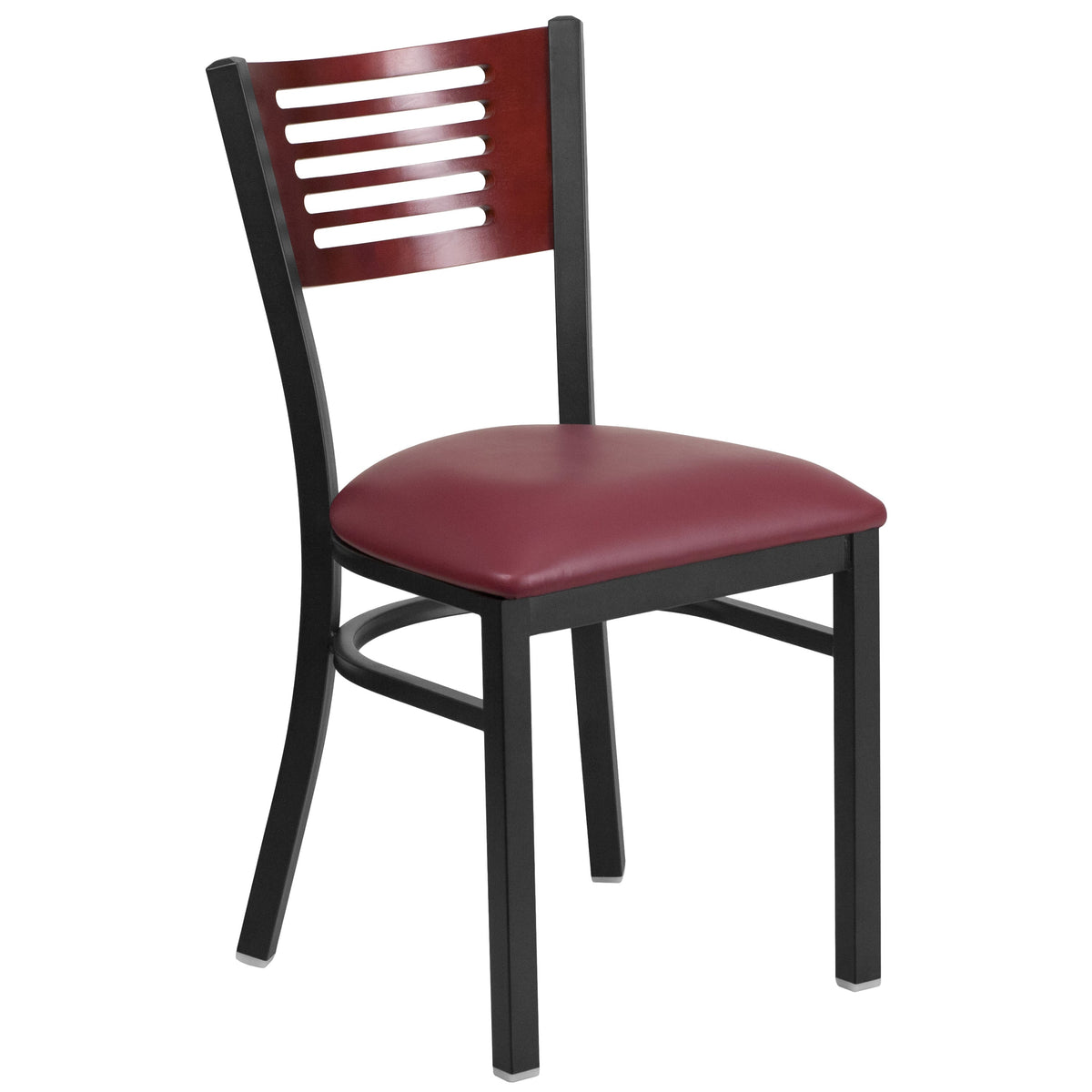 Mahogany Wood Back/Burgundy Vinyl Seat/Black Metal Frame |#| Black Slat Back Metal Restaurant Chair - Mahogany Wood Back, Burgundy Vinyl Seat