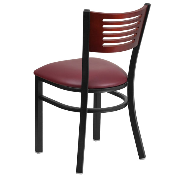 Mahogany Wood Back/Burgundy Vinyl Seat/Black Metal Frame |#| Black Slat Back Metal Restaurant Chair - Mahogany Wood Back, Burgundy Vinyl Seat