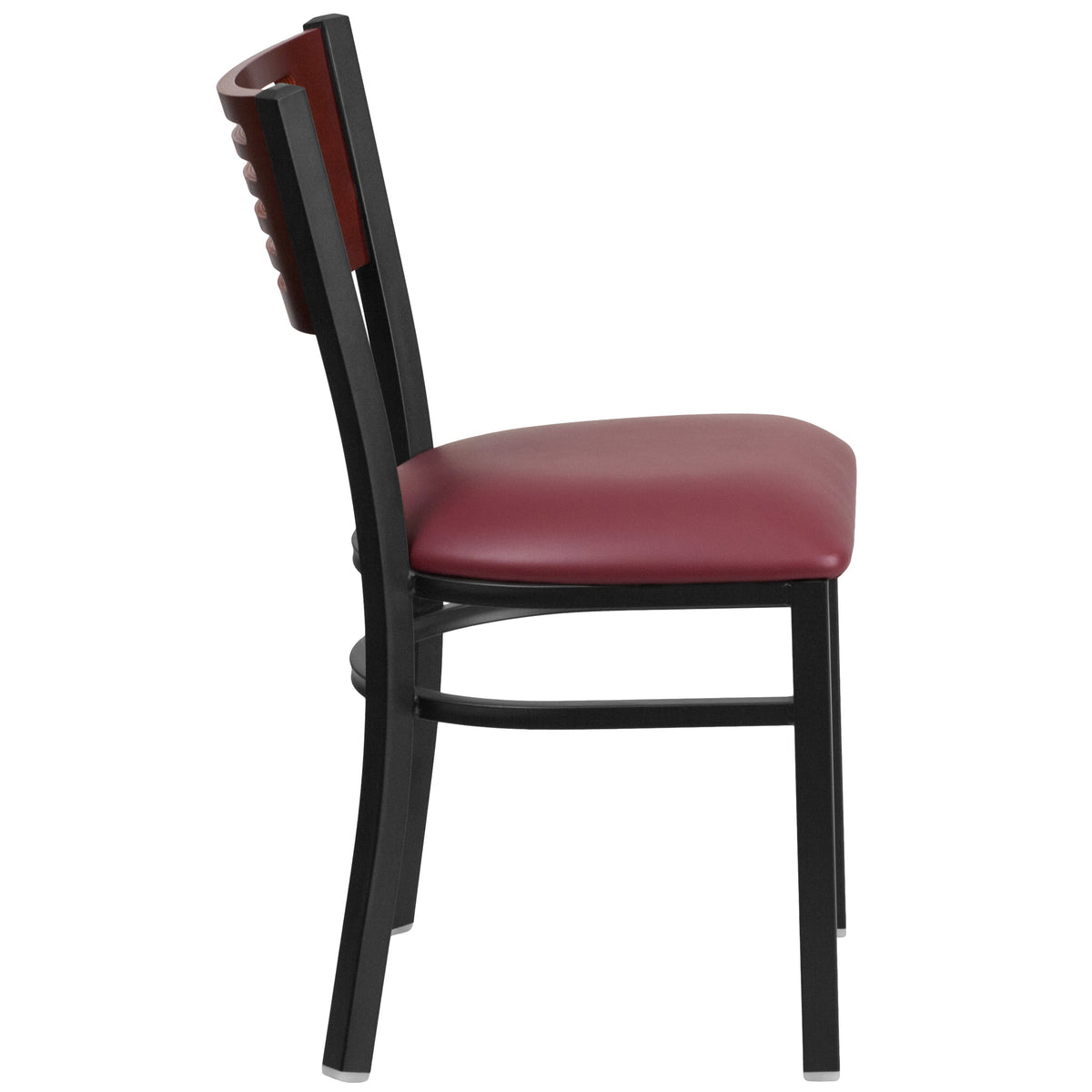 Mahogany Wood Back/Burgundy Vinyl Seat/Black Metal Frame |#| Black Slat Back Metal Restaurant Chair - Mahogany Wood Back, Burgundy Vinyl Seat