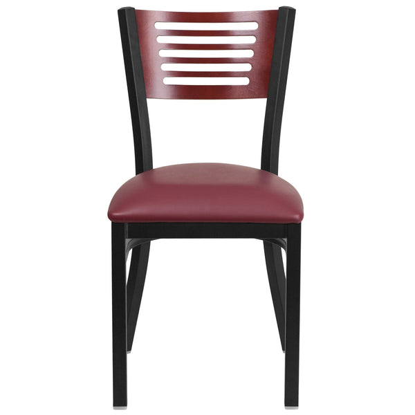 Mahogany Wood Back/Burgundy Vinyl Seat/Black Metal Frame |#| Black Slat Back Metal Restaurant Chair - Mahogany Wood Back, Burgundy Vinyl Seat