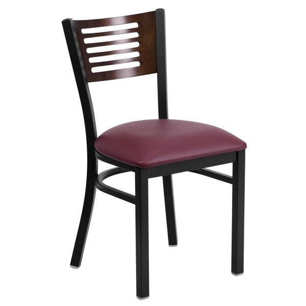 Walnut Wood Back/Burgundy Vinyl Seat/Black Metal Frame |#| Black Slat Back Metal Restaurant Chair - Walnut Wood Back, Burgundy Vinyl Seat