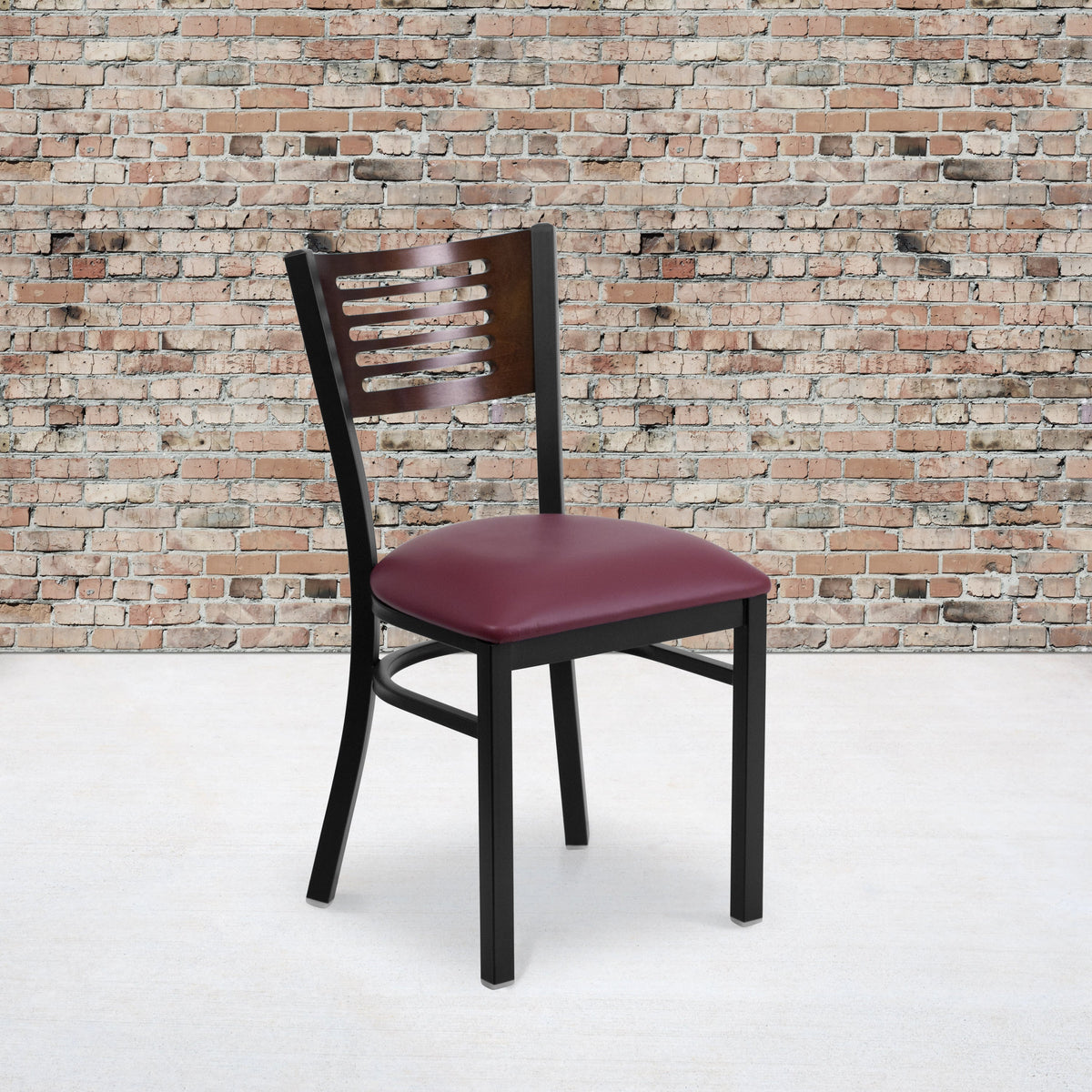 Walnut Wood Back/Burgundy Vinyl Seat/Black Metal Frame |#| Black Slat Back Metal Restaurant Chair - Walnut Wood Back, Burgundy Vinyl Seat