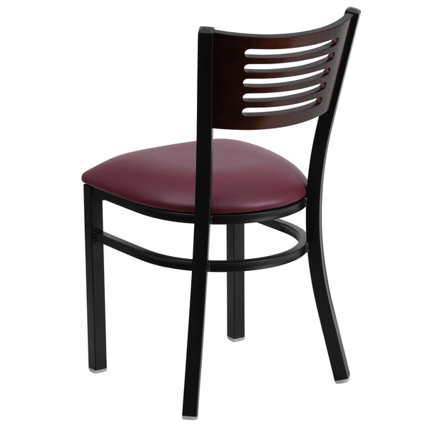 Walnut Wood Back/Burgundy Vinyl Seat/Black Metal Frame |#| Black Slat Back Metal Restaurant Chair - Walnut Wood Back, Burgundy Vinyl Seat