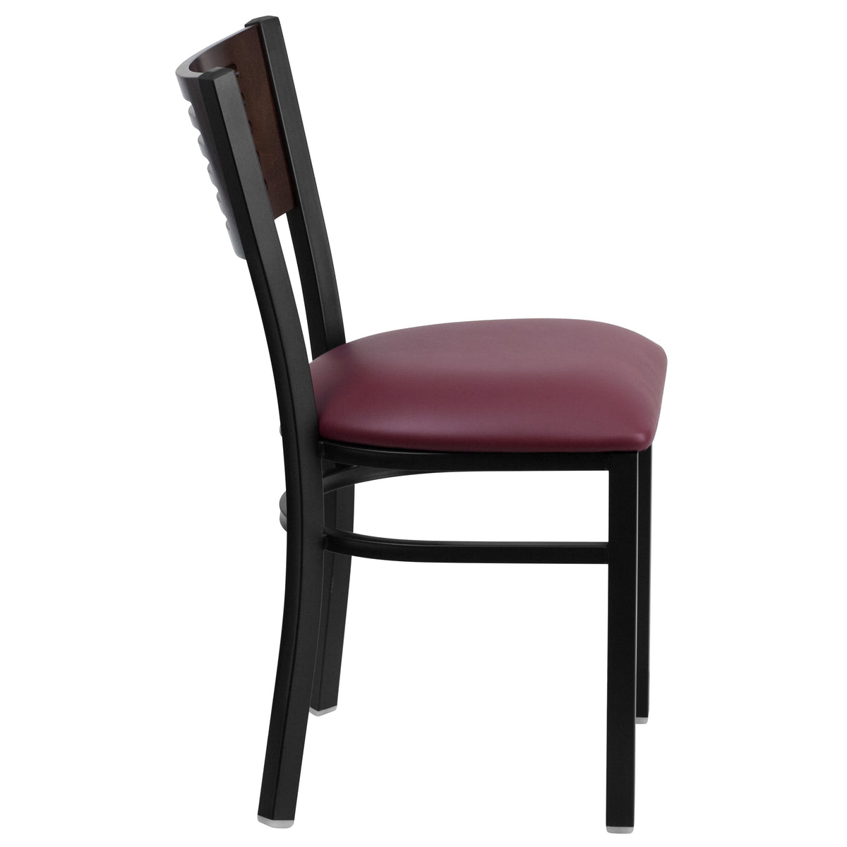 Walnut Wood Back/Burgundy Vinyl Seat/Black Metal Frame |#| Black Slat Back Metal Restaurant Chair - Walnut Wood Back, Burgundy Vinyl Seat