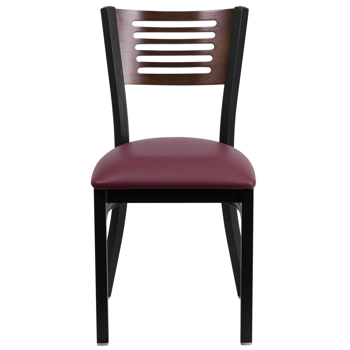 Walnut Wood Back/Burgundy Vinyl Seat/Black Metal Frame |#| Black Slat Back Metal Restaurant Chair - Walnut Wood Back, Burgundy Vinyl Seat