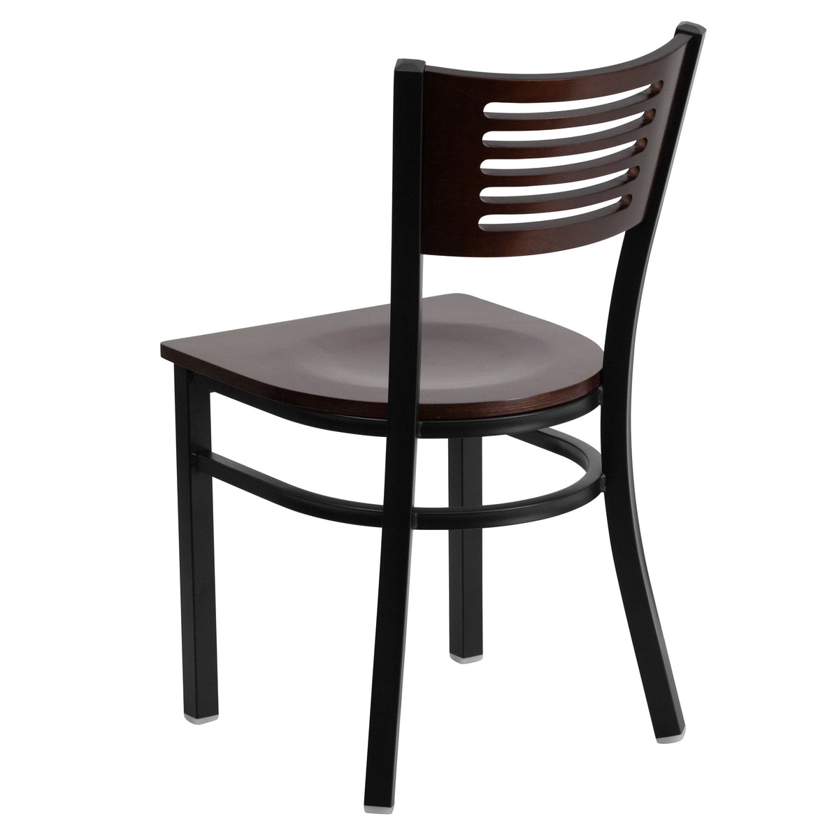 Walnut Wood Back/Walnut Wood Seat/Black Metal Frame |#| Black Slat Back Metal Restaurant Chair - Walnut Wood Back & Seat