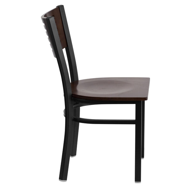 Walnut Wood Back/Walnut Wood Seat/Black Metal Frame |#| Black Slat Back Metal Restaurant Chair - Walnut Wood Back & Seat