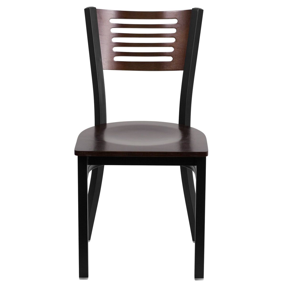 Walnut Wood Back/Walnut Wood Seat/Black Metal Frame |#| Black Slat Back Metal Restaurant Chair - Walnut Wood Back & Seat