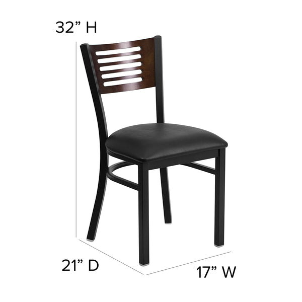Walnut Wood Back/Black Vinyl Seat/Black Metal Frame |#| Black Slat Back Metal Restaurant Chair - Walnut Wood Back, Black Vinyl Seat