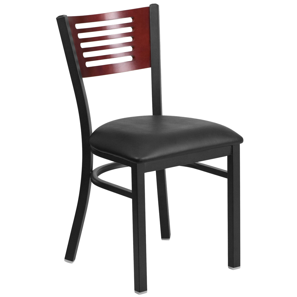 Mahogany Wood Back/Black Vinyl Seat/Black Metal Frame |#| Black Slat Back Metal Restaurant Chair - Mahogany Wood Back, Black Vinyl Seat