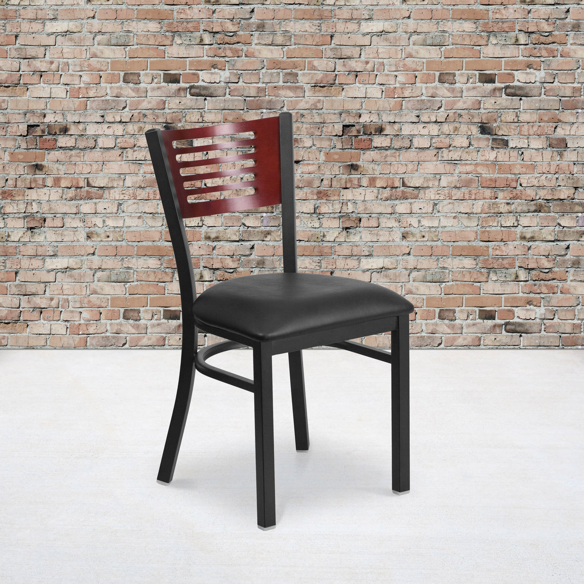 Mahogany Wood Back/Black Vinyl Seat/Black Metal Frame |#| Black Slat Back Metal Restaurant Chair - Mahogany Wood Back, Black Vinyl Seat