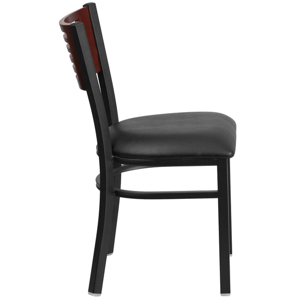 Mahogany Wood Back/Black Vinyl Seat/Black Metal Frame |#| Black Slat Back Metal Restaurant Chair - Mahogany Wood Back, Black Vinyl Seat