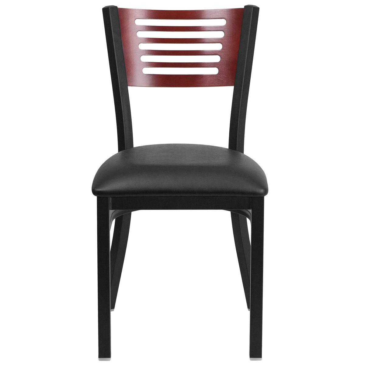 Mahogany Wood Back/Black Vinyl Seat/Black Metal Frame |#| Black Slat Back Metal Restaurant Chair - Mahogany Wood Back, Black Vinyl Seat