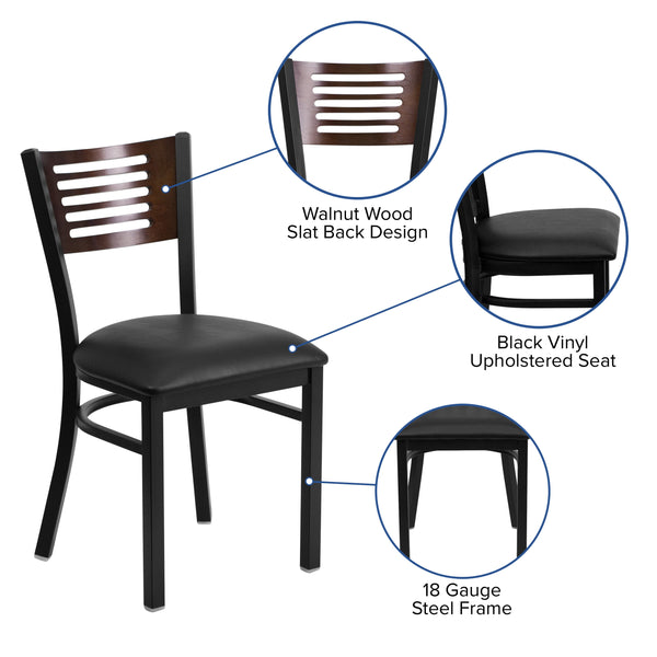 Walnut Wood Back/Black Vinyl Seat/Black Metal Frame |#| Black Slat Back Metal Restaurant Chair - Walnut Wood Back, Black Vinyl Seat