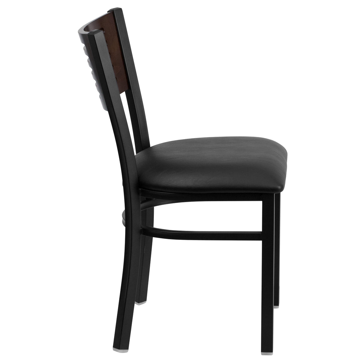 Walnut Wood Back/Black Vinyl Seat/Black Metal Frame |#| Black Slat Back Metal Restaurant Chair - Walnut Wood Back, Black Vinyl Seat