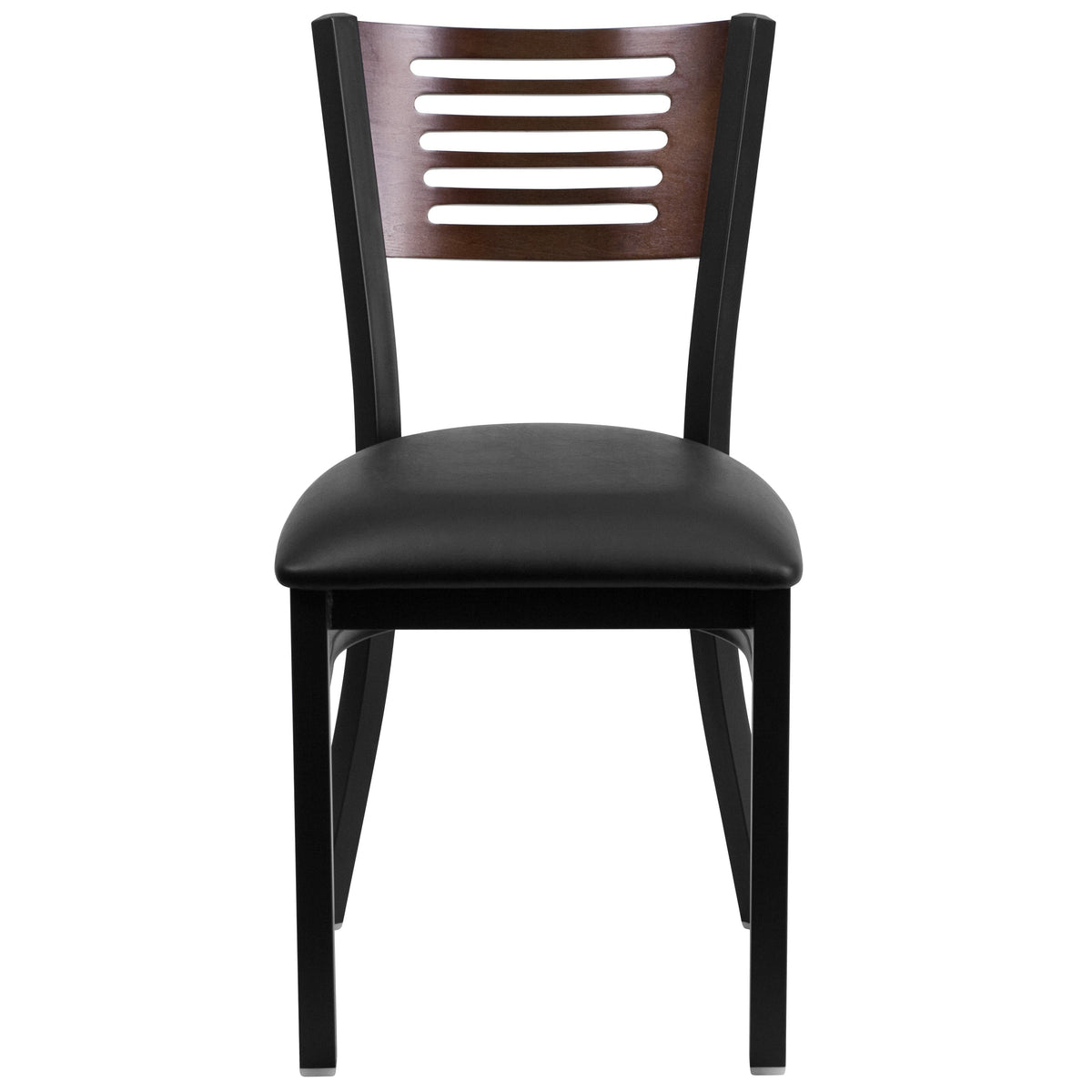 Walnut Wood Back/Black Vinyl Seat/Black Metal Frame |#| Black Slat Back Metal Restaurant Chair - Walnut Wood Back, Black Vinyl Seat