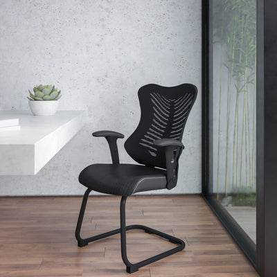 Designer Mesh Sled Base Side Reception Chair with Adjustable Arms