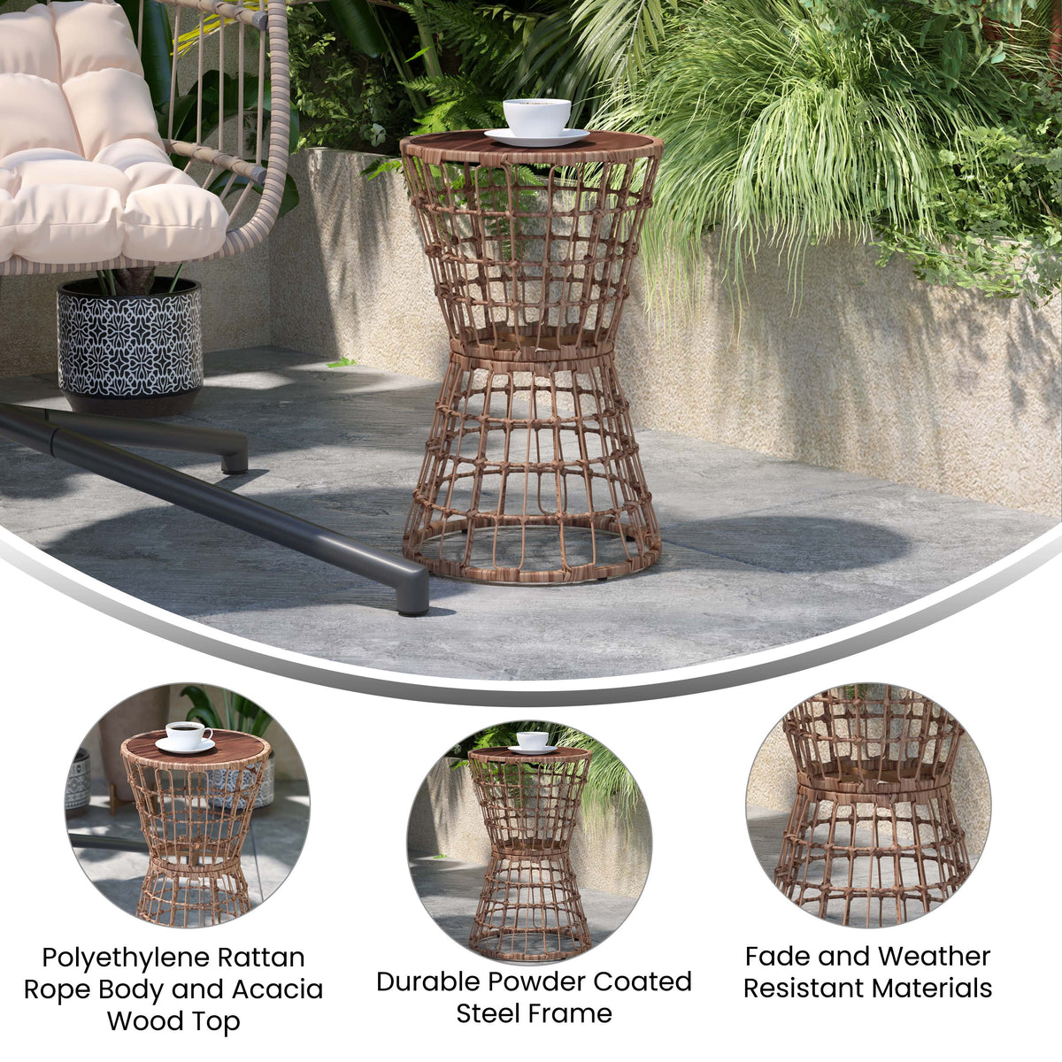 Indoor/Outdoor Natural Boho Rattan Rope Table with Acacia Wood Top