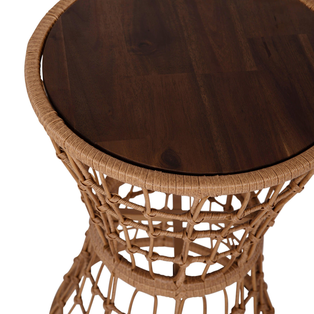 Indoor/Outdoor Natural Boho Rattan Rope Table with Acacia Wood Top