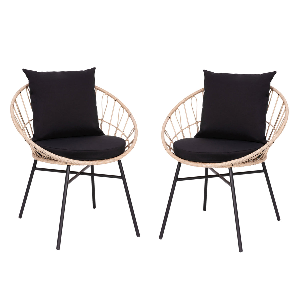 Black Fabric/Tan Frame |#| Indoor/Outdoor Boho Rattan Rope Chairs with Back & Seat Cushions - Tan/Black