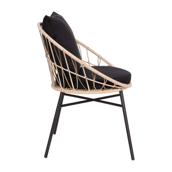 Black Fabric/Tan Frame |#| Indoor/Outdoor Boho Rattan Rope Chairs with Back & Seat Cushions - Tan/Black