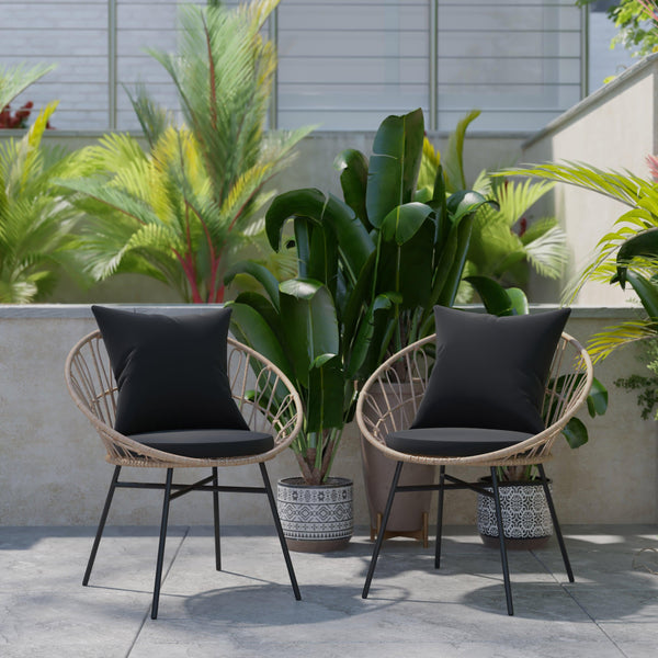 Black Fabric/Tan Frame |#| Indoor/Outdoor Boho Rattan Rope Chairs with Back & Seat Cushions - Tan/Black