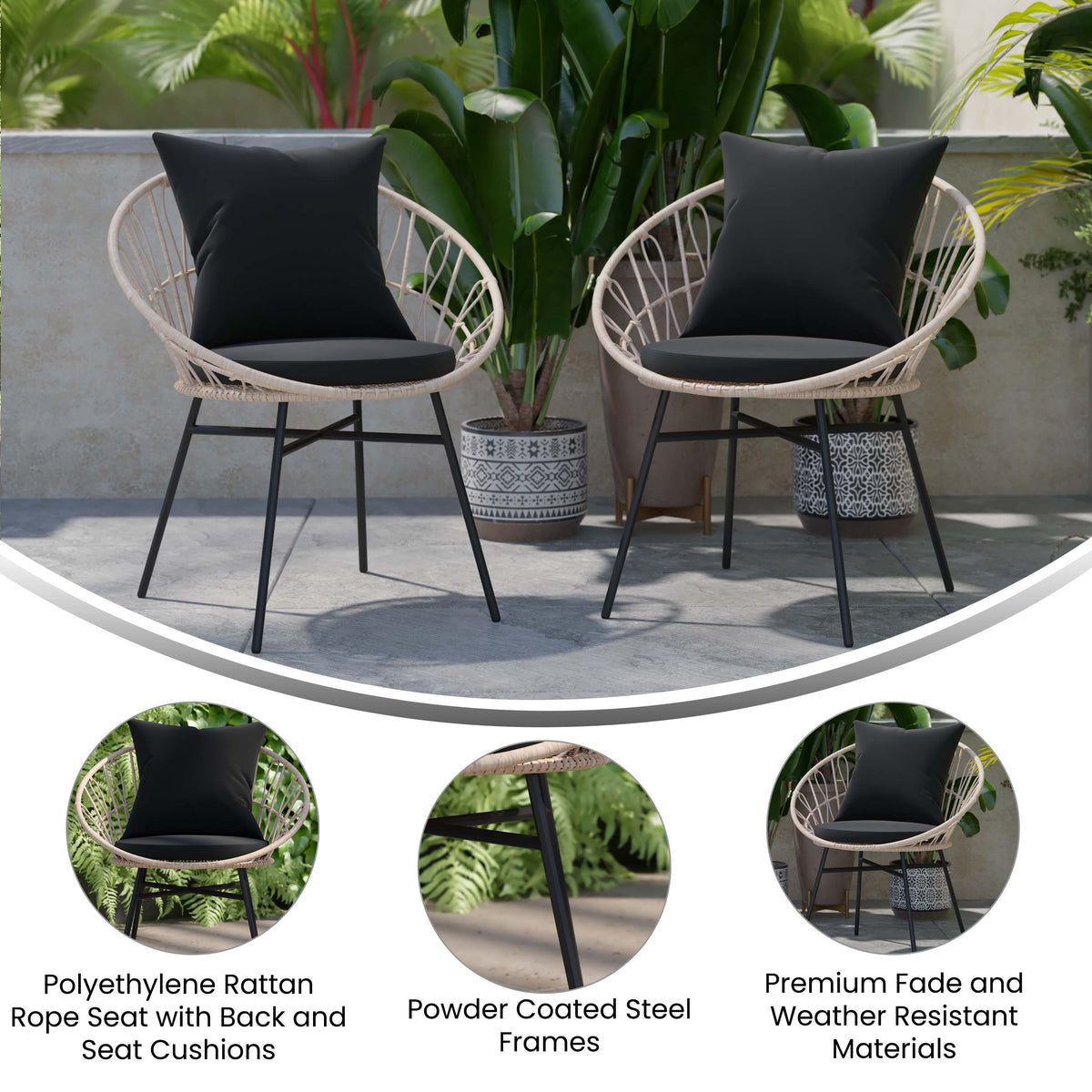 Black Fabric/Tan Frame |#| Indoor/Outdoor Boho Rattan Rope Chairs with Back & Seat Cushions - Tan/Black