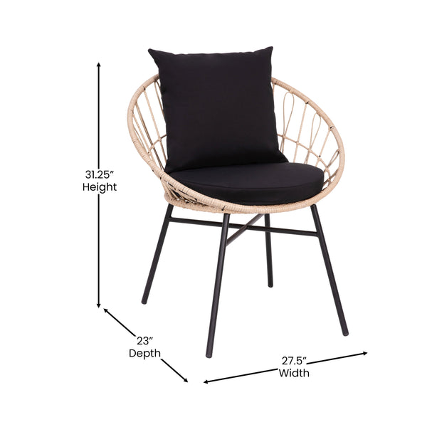 Black Fabric/Tan Frame |#| Indoor/Outdoor Boho Rattan Rope Chairs with Back & Seat Cushions - Tan/Black