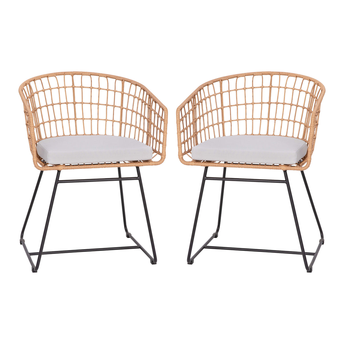 Light Gray Cushion/Natural Frame |#| 2PK Indoor/Outdoor Natural Boho Rattan Rope Club Chairs-Light Gray Seat Cushions