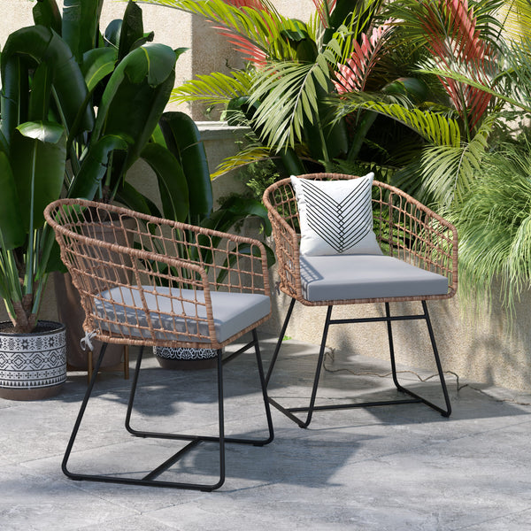 Light Gray Cushion/Natural Frame |#| 2PK Indoor/Outdoor Natural Boho Rattan Rope Club Chairs-Light Gray Seat Cushions