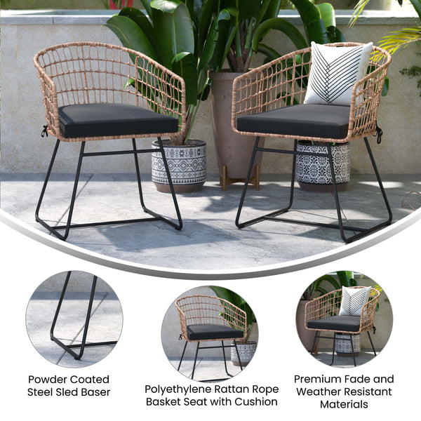 Black Cushion/Natural Frame |#| 2PK Indoor/Outdoor Natural Boho Rattan Rope Club Chairs-Black Seat Cushions