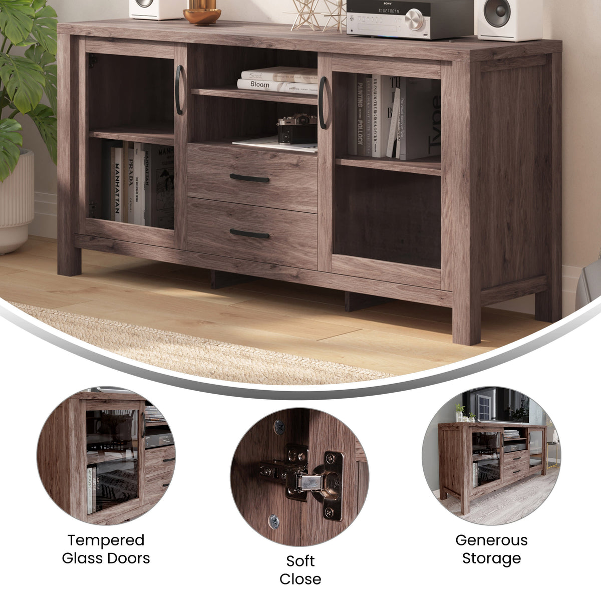 Brown |#| 59" Engineered Wood Buffet Sideboard Storage Cabinet w/ 2 Drawers, Doors in Brn