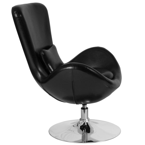 Black LeatherSoft |#| Black LeatherSoft Swivel Side Reception Chair with Bowed Seat - Guest Seating