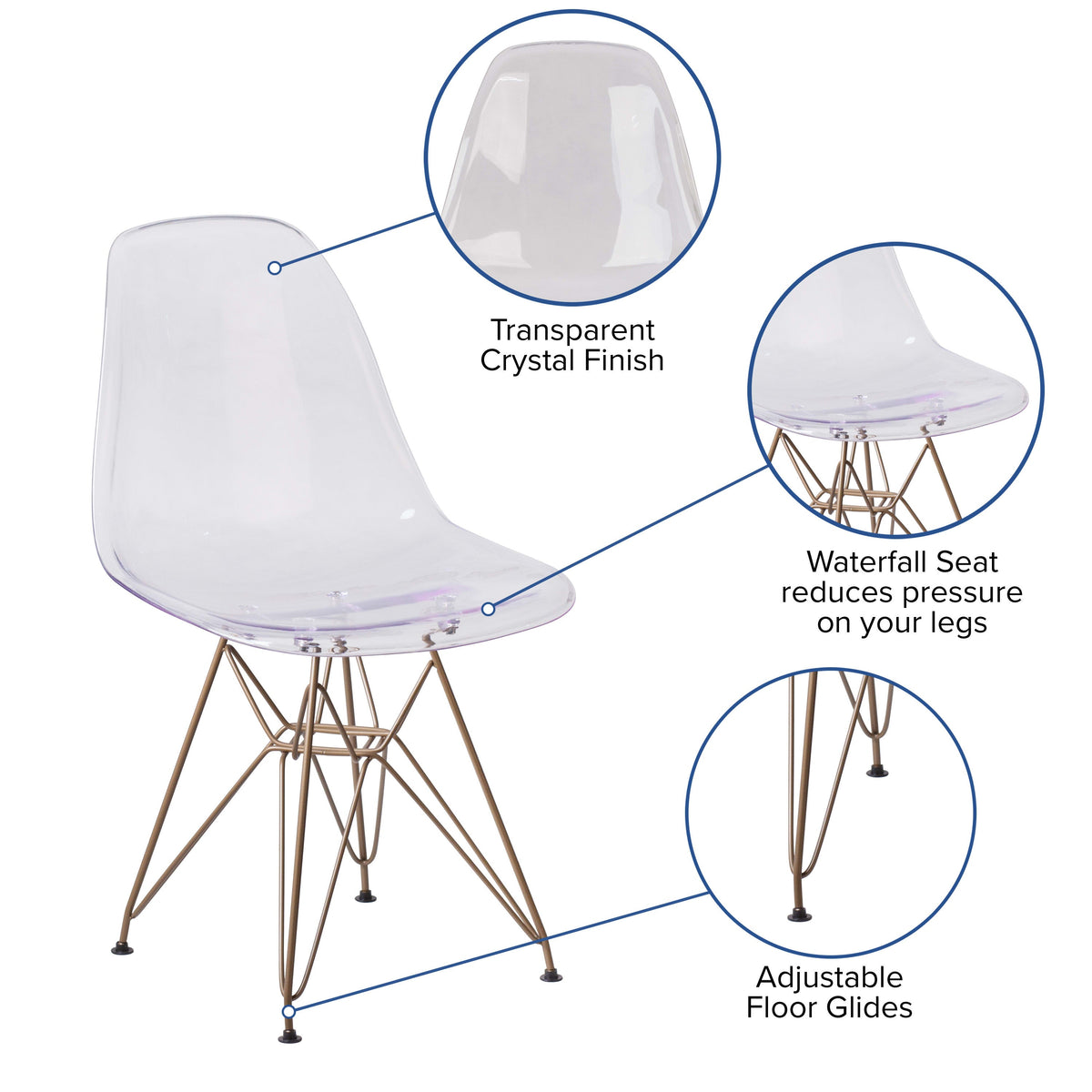 Ghost Chair with Gold Metal Base - Hospitality Seating - Accent and Side Chair