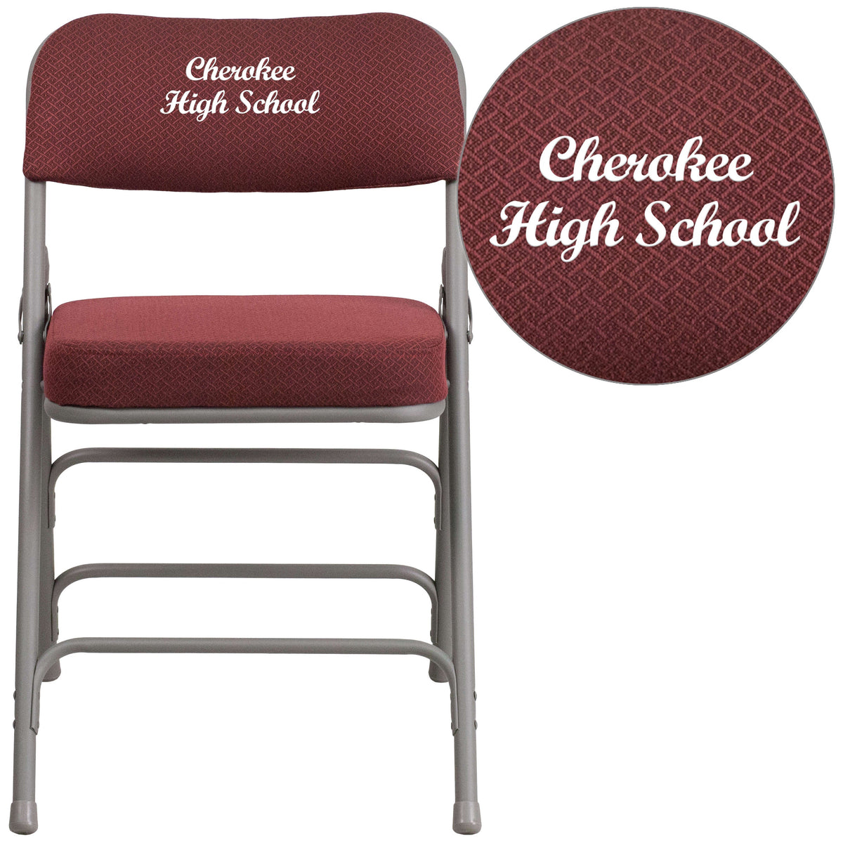 Burgundy |#| Embroidered 18" W Triple Braced & Double Hinged Burgundy Fabric Metal Chair