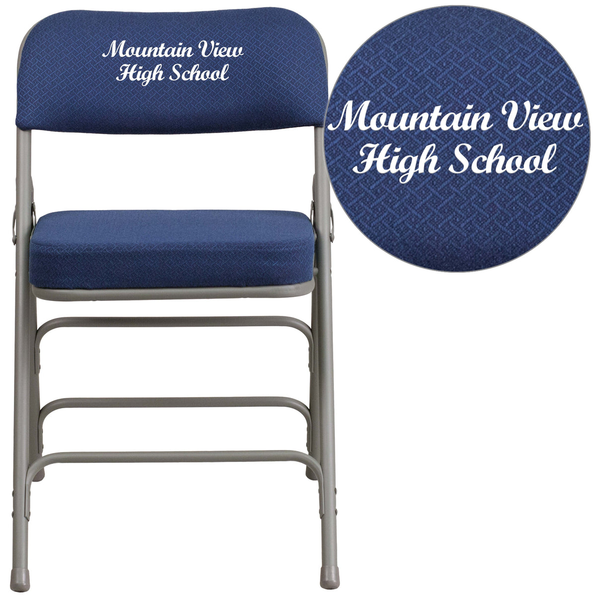 Navy |#| Embroidered Triple Braced & Double Hinged Navy Fabric Metal Folding Chair