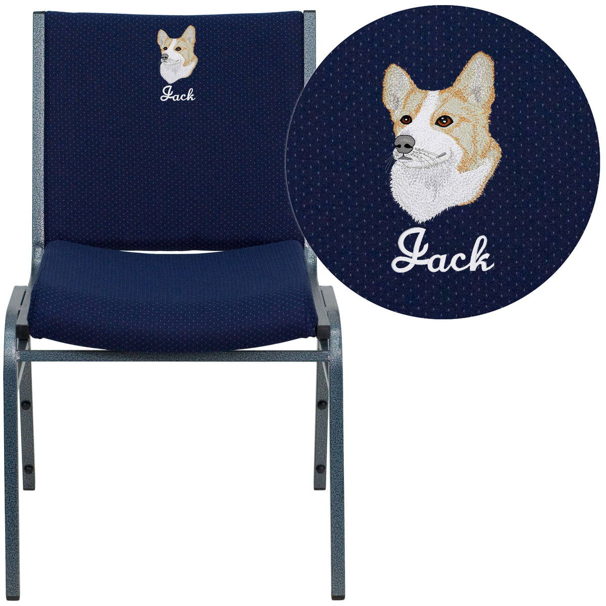 Navy Blue Patterned Fabric |#| Embroidered Heavy Duty Navy Blue Dot Fabric Stack Chair - Reception Furniture