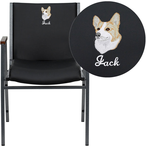 Black Vinyl |#| Embroidered Heavy Duty Black Vinyl Stack Chair with Arms - Reception Furniture