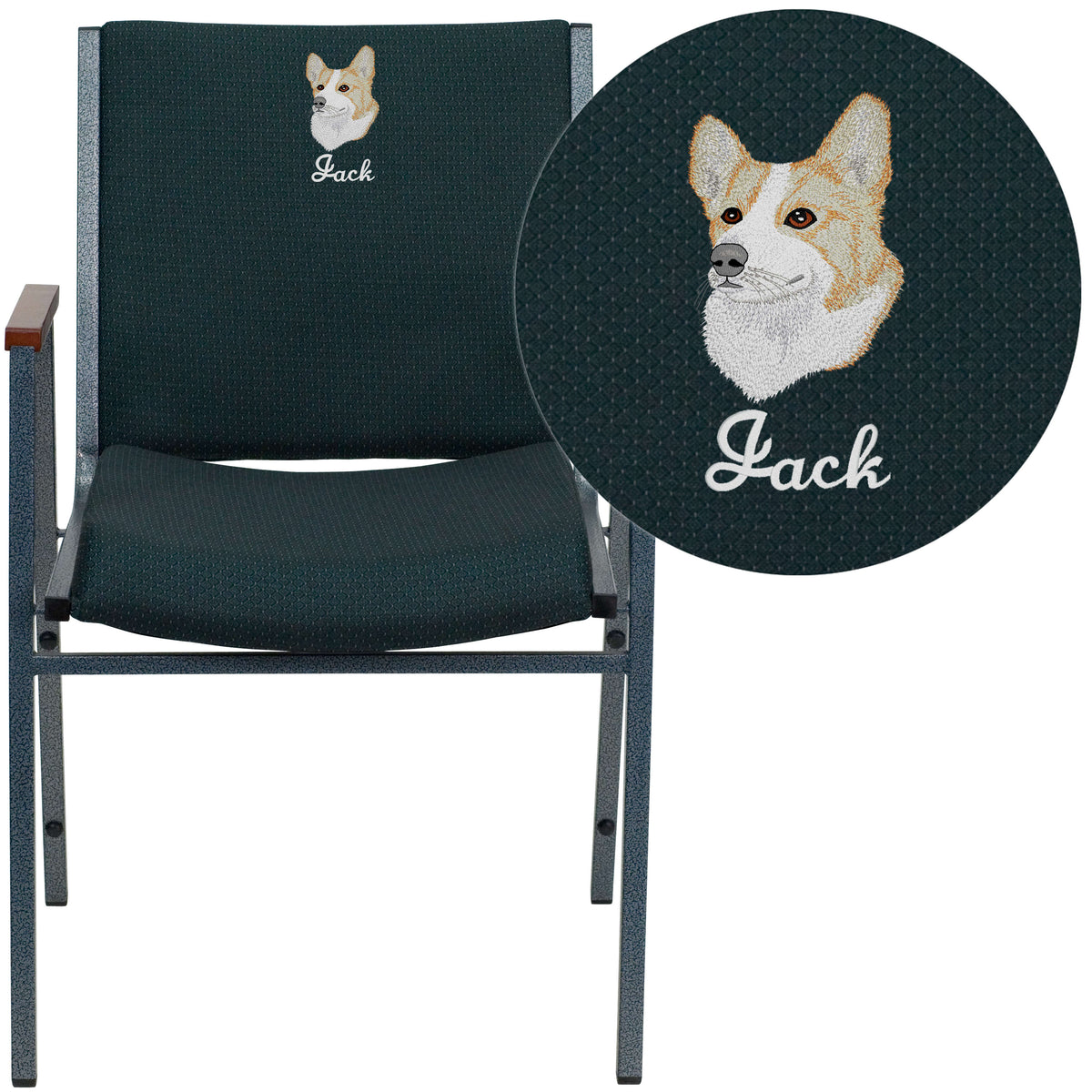 Hunter Green Patterned Fabric |#| Embroidered Heavy Duty Green Patterned Fabric Stack Chair - Reception Furniture