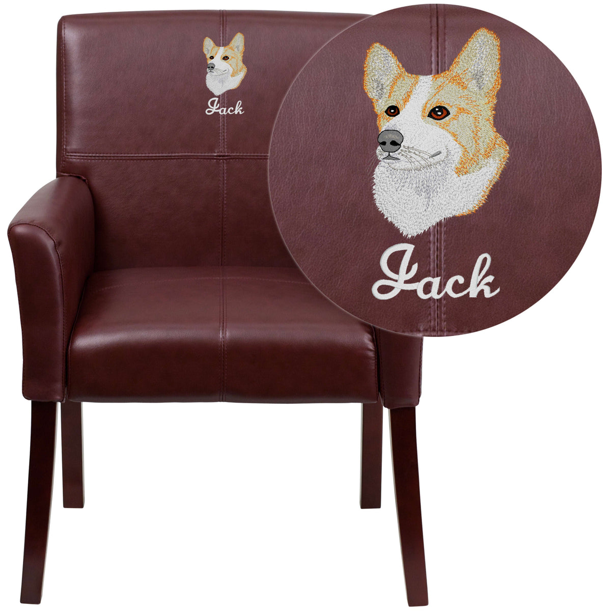 Burgundy |#| Embroidered Burgundy LeatherSoft Executive Side Reception Chair w/ Mahogany Legs