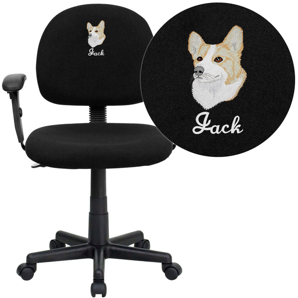 Black |#| Embroidered Mid-Back Black Fabric Swivel Task Office Chair with Adjustable Arms