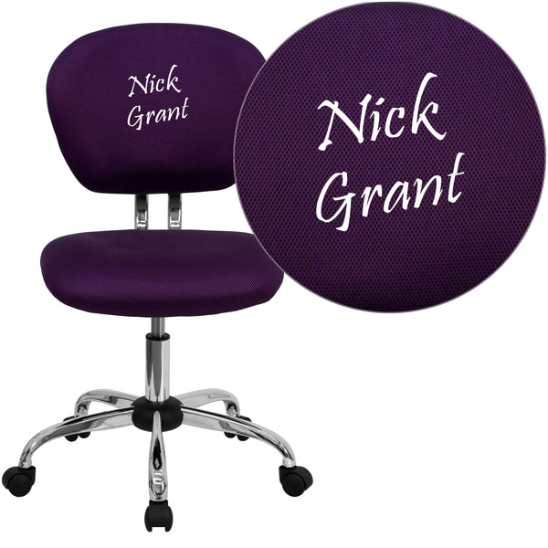 Purple |#| Embroidered Mid-Back Purple Mesh Padded Swivel Task Office Chair w/ Chrome Base