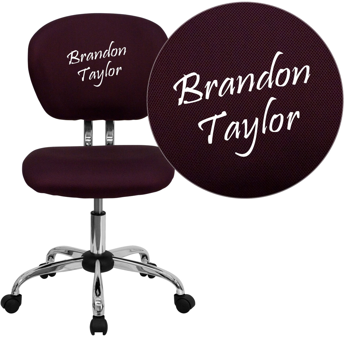 Burgundy |#| Embroidered Mid-Back Burg Mesh Padded Swivel Task Office Chair with Chrome Base