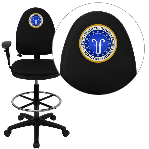 Black |#| EMB Mid-Back Black Fabric Multifunction Draft Chair w/ Adjustable Lumbar & Arms